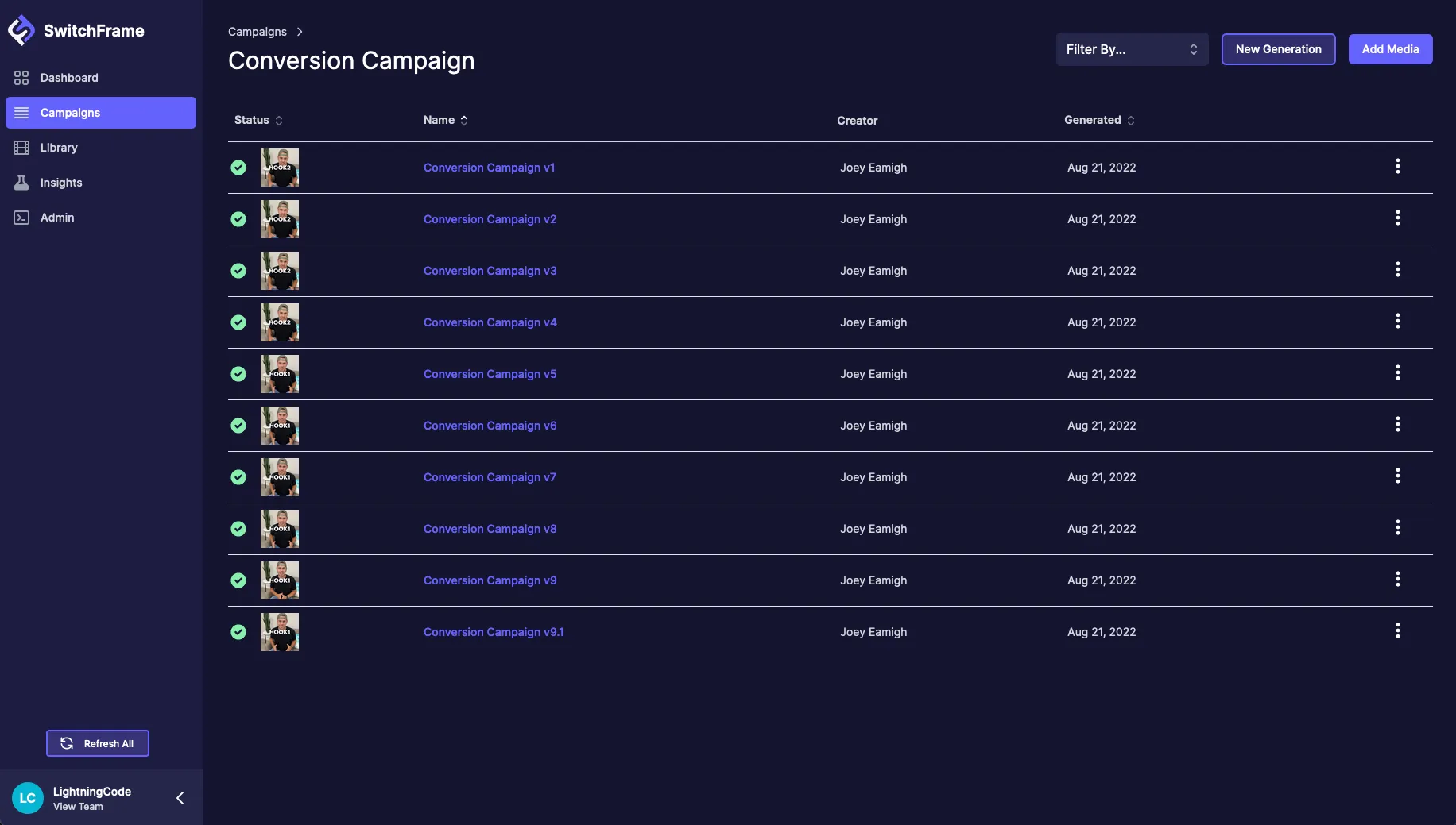 Screenshot of SwitchFrame Login Page